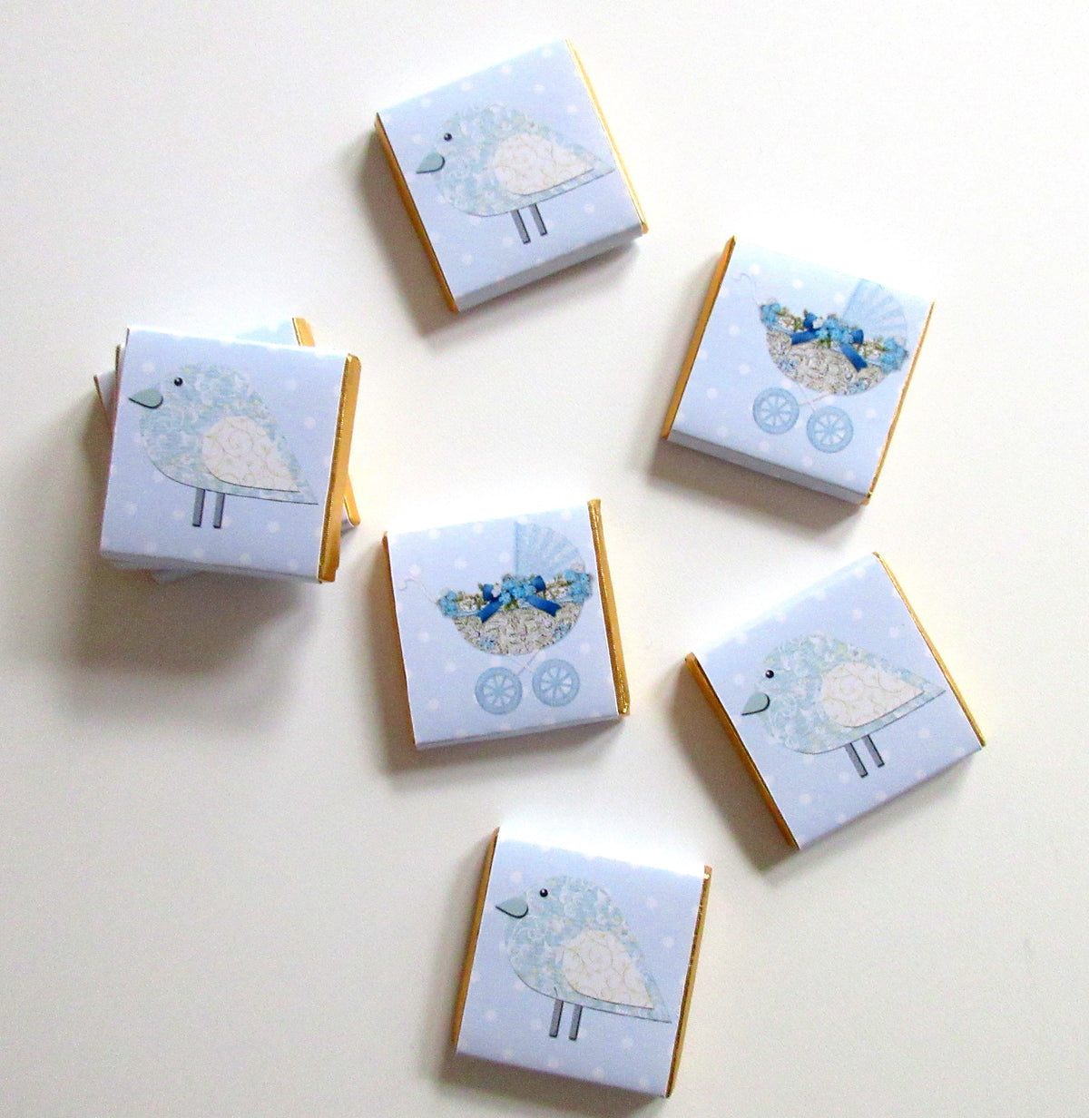 Personalised Baby Shower Chocolates – Pastel Blue Bird & Pram Treats