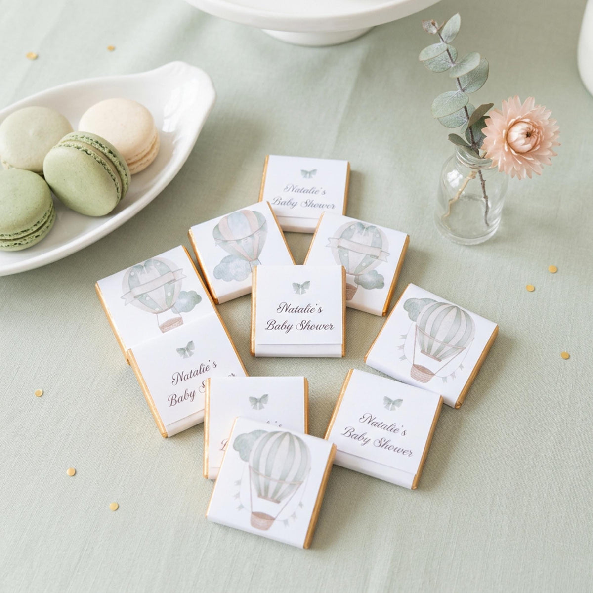 Personalised Pastel Sage Green Baby Shower Chocolate Favours – Hot Air Balloon Design