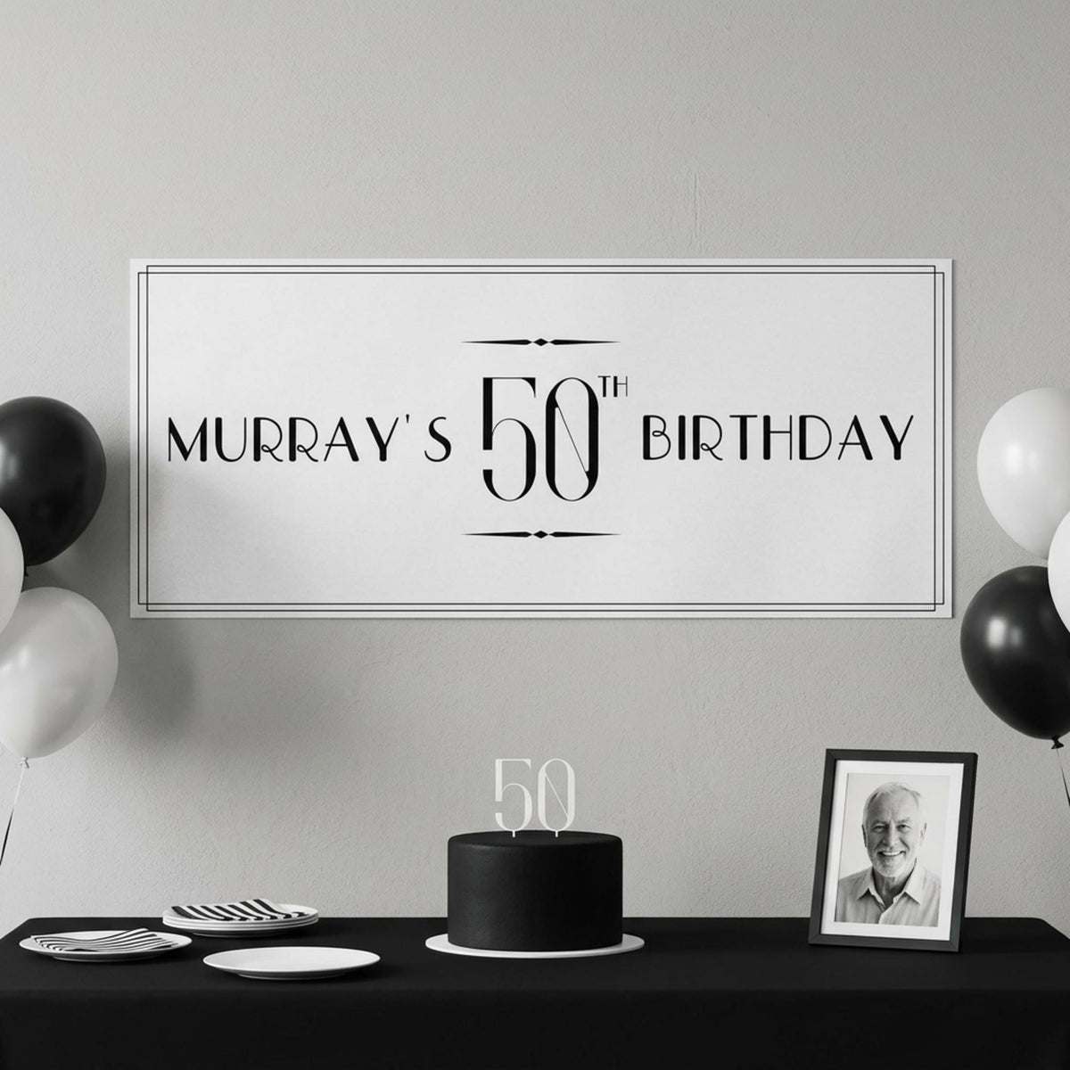Personalised 50th Birthday Banner, Custom Name Art Deco Party Poster