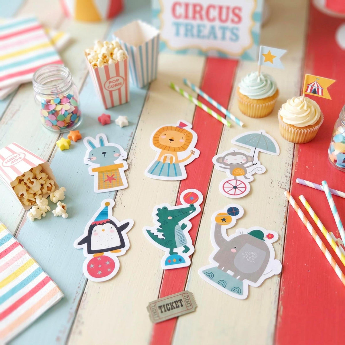 Personalised Circus Vinyl Stickers Party Bags, Custom Carnival Birthday Favours
