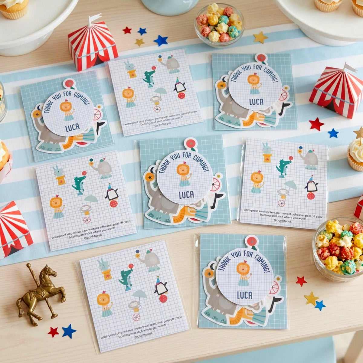 Personalised Circus Vinyl Stickers Party Bags, Custom Carnival Birthday Favours