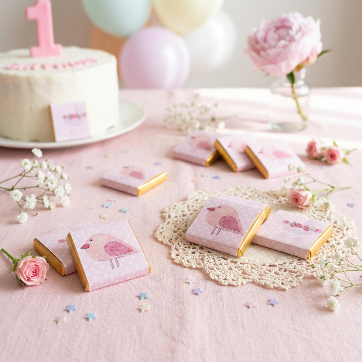 Personalised Baby Girl Chocolate Favours – Pink Bird Pram Sweets