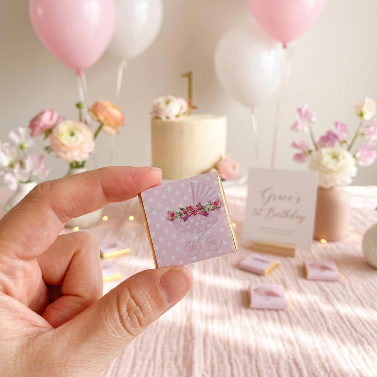 Personalised Baby Girl Chocolate Favours – Pink Bird Pram Sweets