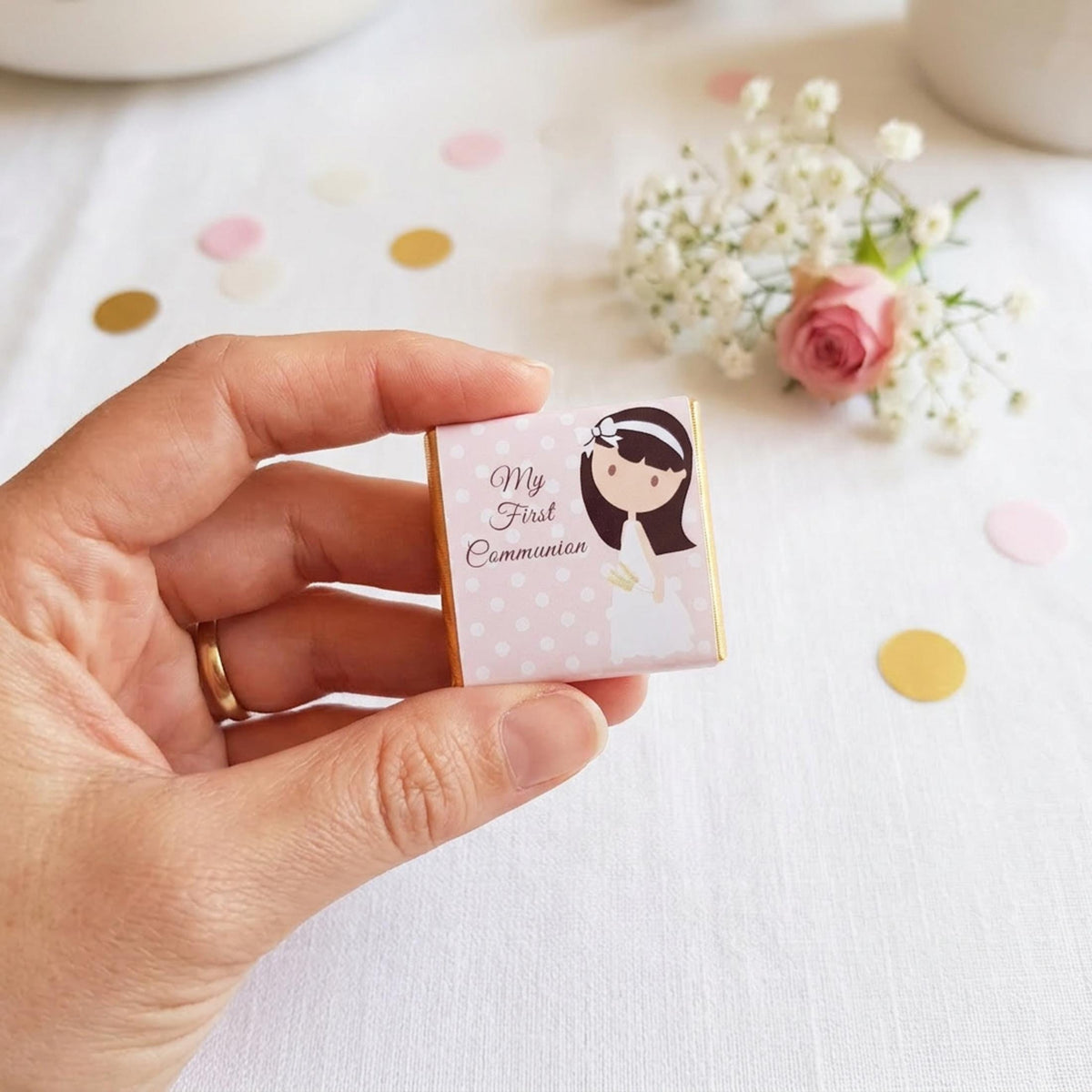 Personalised 1st Holy Communion Favours - Girls Pink Floral Chocolate Treats - Religious Party Bag Filler