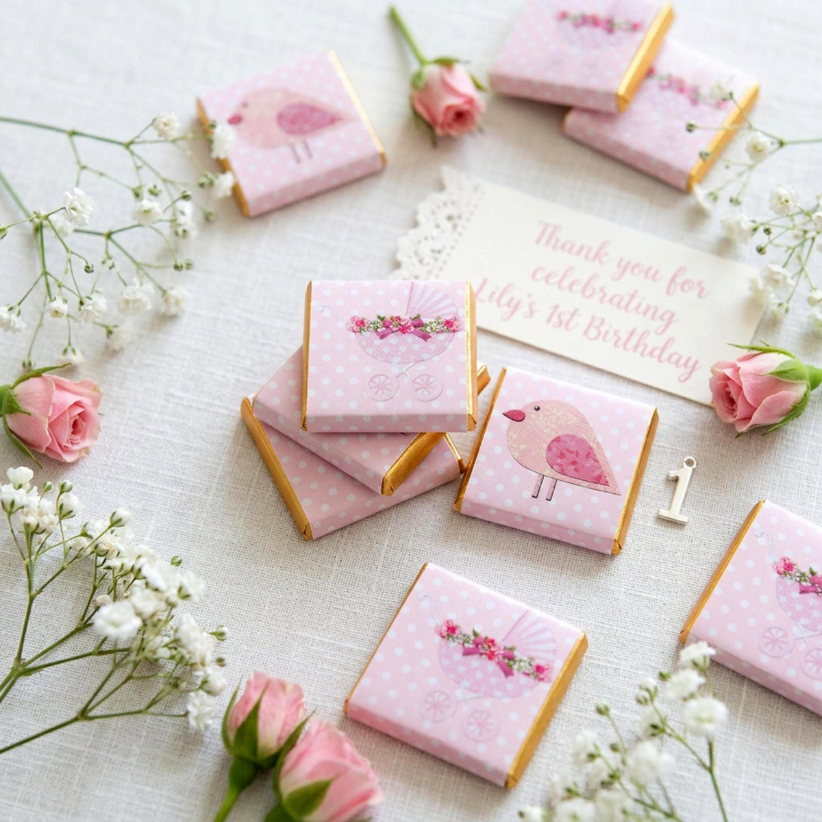 Personalised Baby Girl Chocolate Favours – Pink Bird Pram Sweets