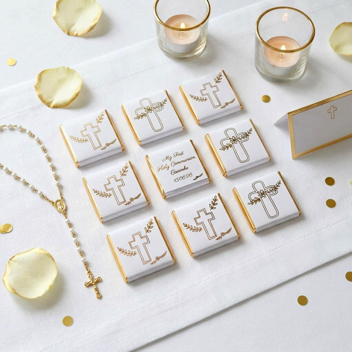 Personalised First Holy Communion Chocolates – Gold Foiled Cross Favours for Boys and Girls