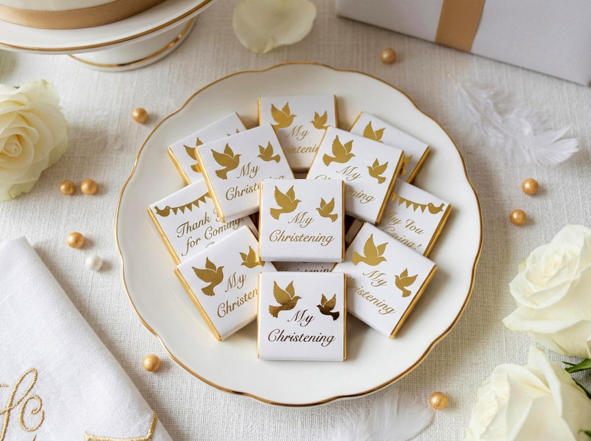 Personalised Christening Favours - Gold Foiled Dove Baptism Treats - Naming Day Party Bag Fillers