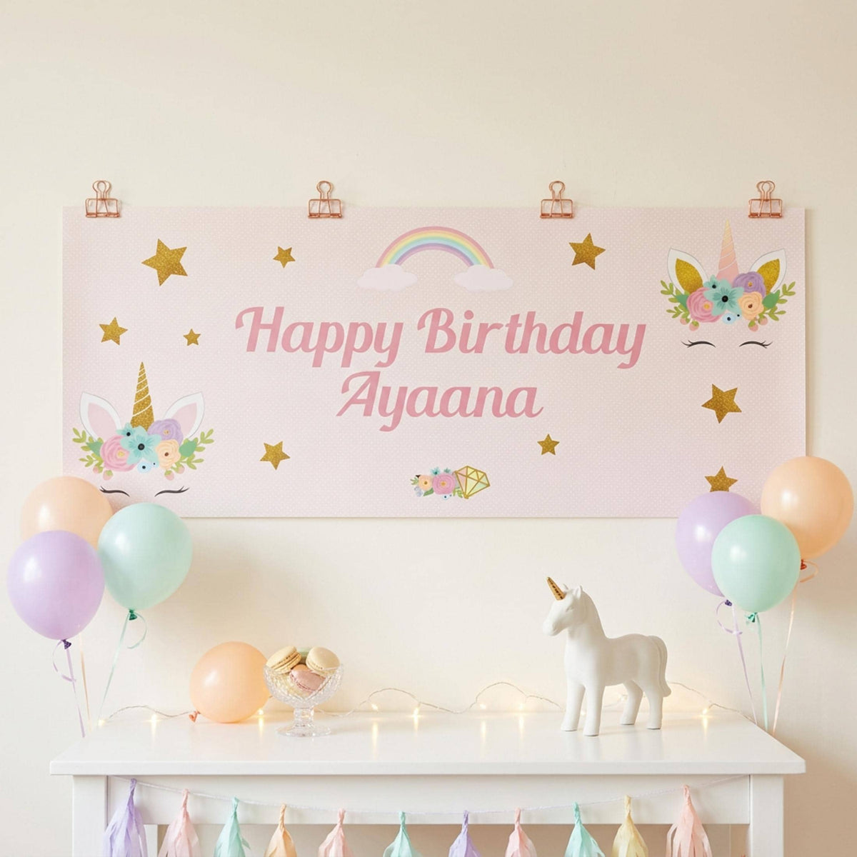 Personalised Unicorn Birthday Backdrop, Magical Rainbow Party Decor for Girls, Cake Table Wall Decor