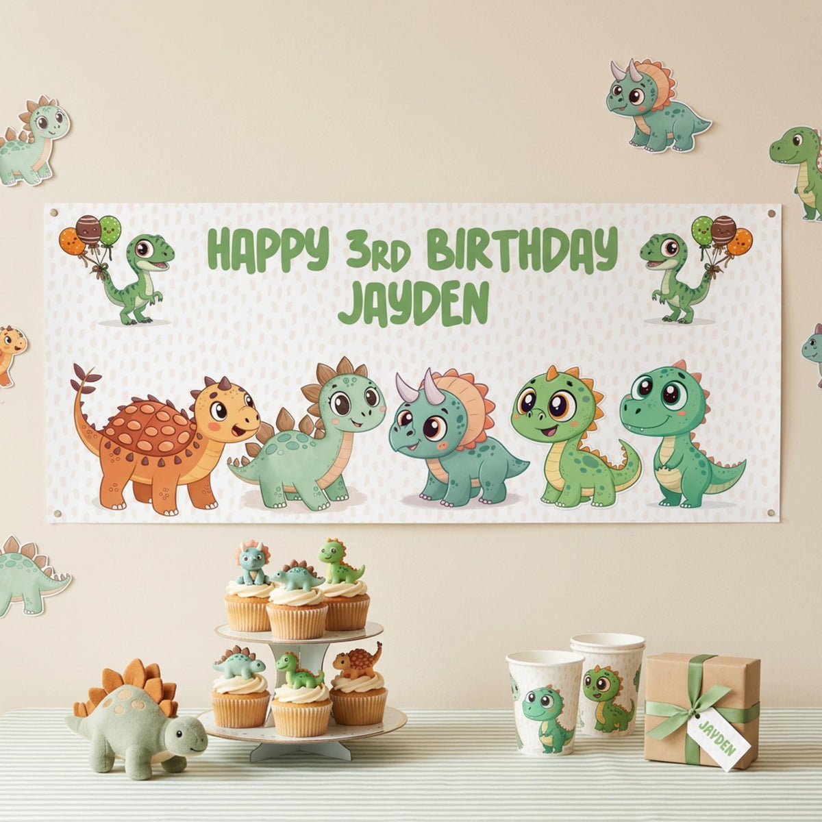 Personalised Dinosaur Birthday Banner, Custom Dino Cake Table Backdrop