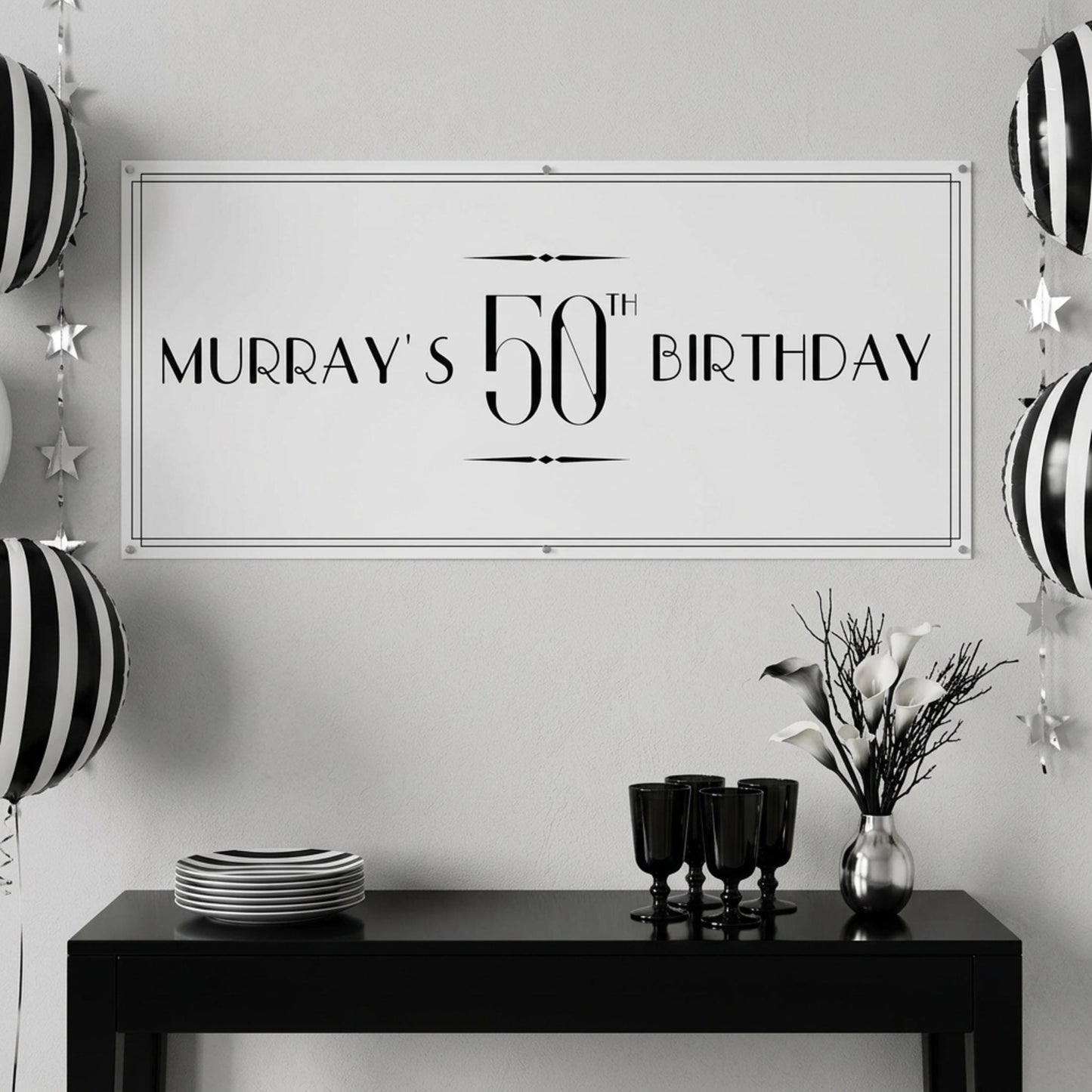 Personalised 50th Birthday Banner, Custom Name Art Deco Party Poster