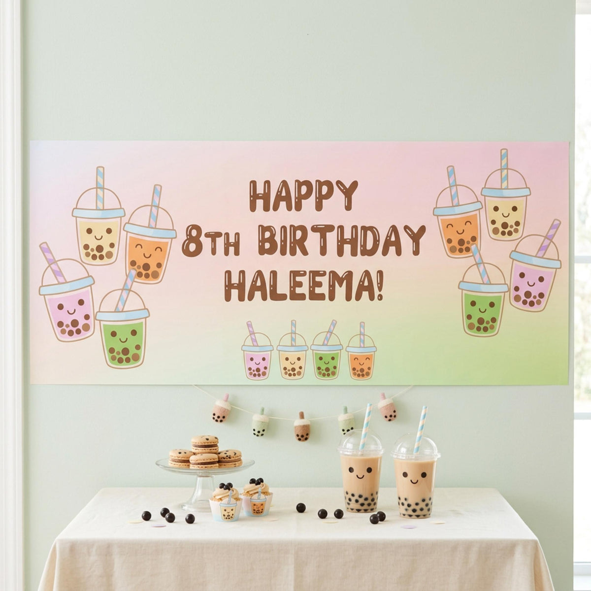 Personalised Bubble Tea Birthday Banner, Kawaii Boba Party Backdrop, Customisable Decor