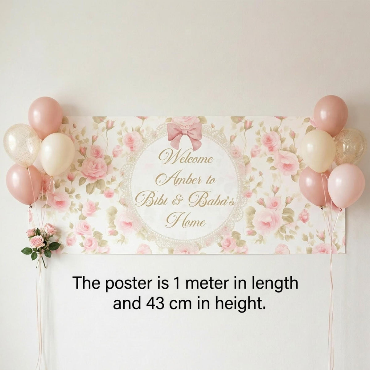 Personalised Floral Welcome Baby Girl Banner, Vintage Rose Nursery Poster