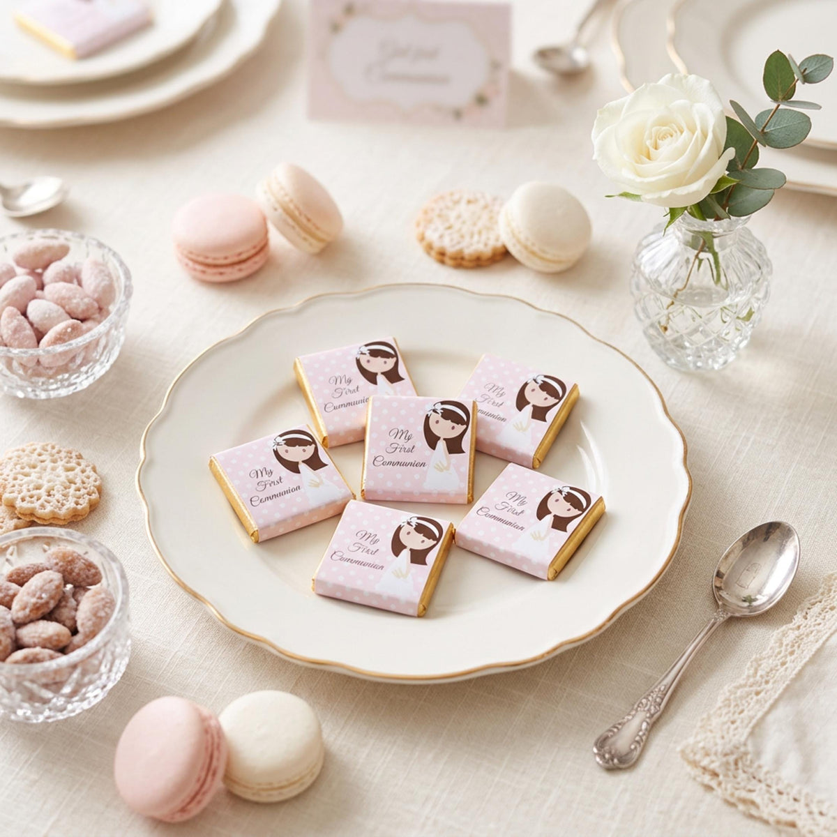 Personalised 1st Holy Communion Favours - Girls Pink Floral Chocolate Treats - Religious Party Bag Filler