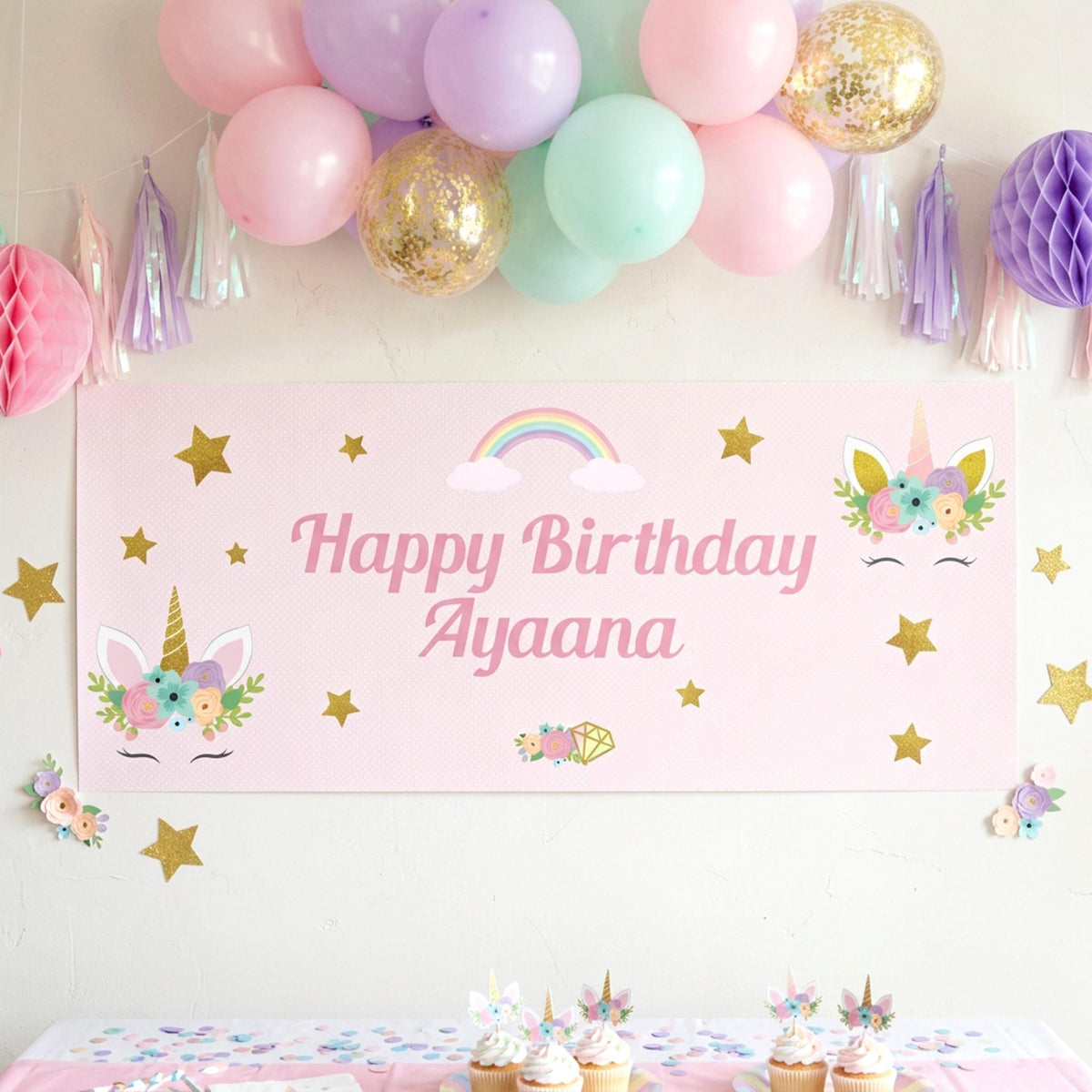 Personalised Unicorn Birthday Backdrop, Magical Rainbow Party Decor for Girls, Cake Table Wall Decor