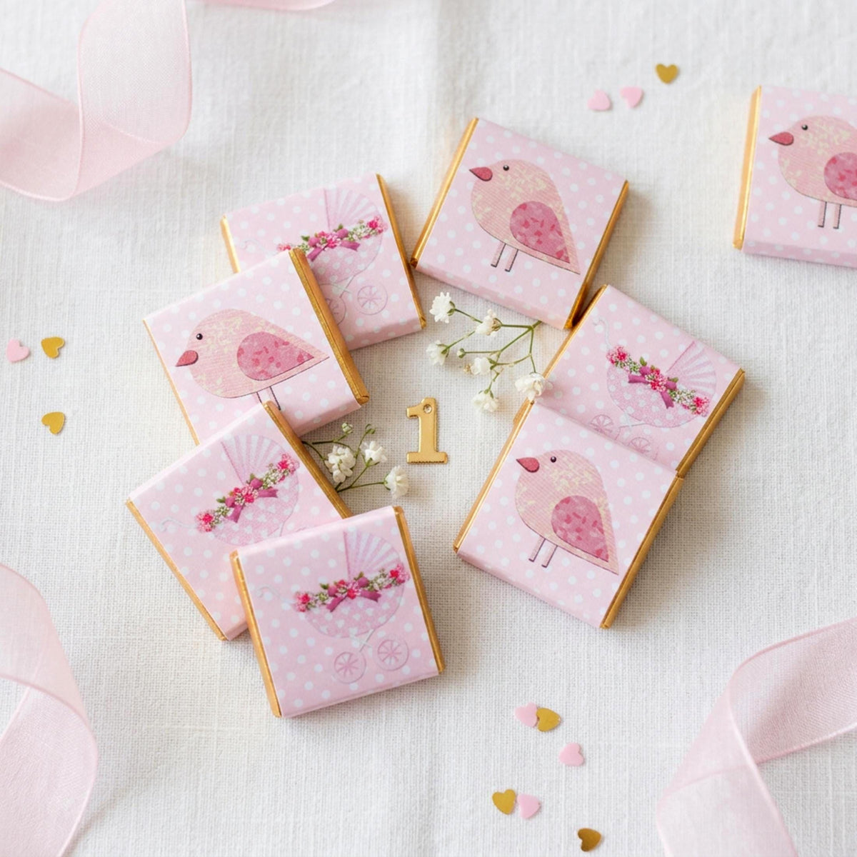 Personalised Baby Girl Chocolate Favours – Pink Bird Pram Sweets