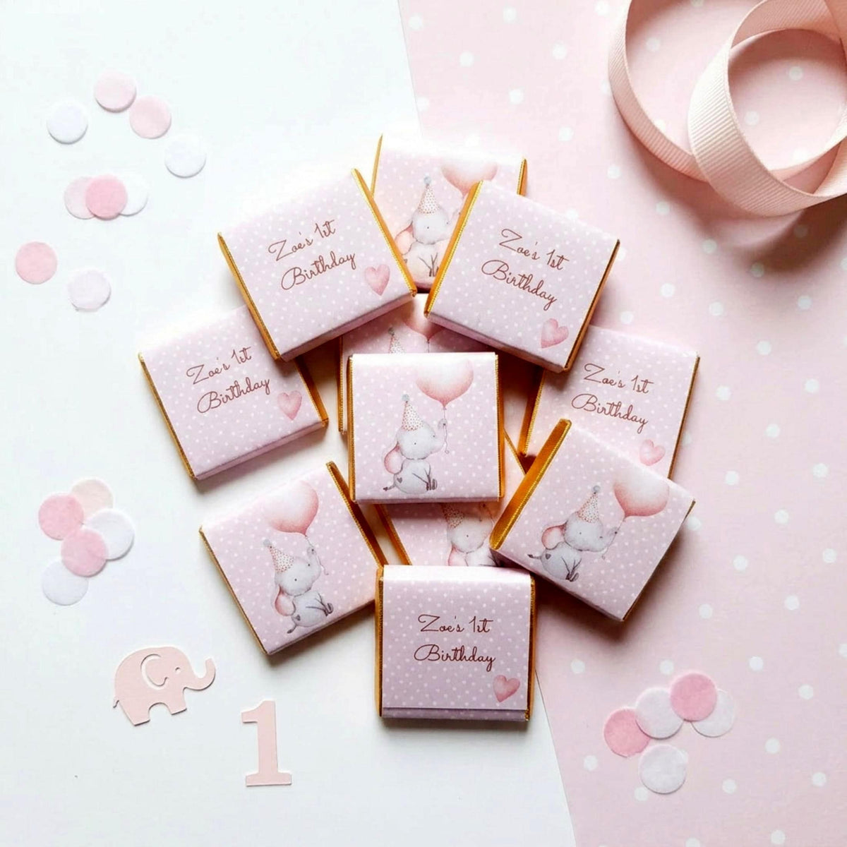 Personalised Girl 1st Birthday Party Favours – Baby Elephant