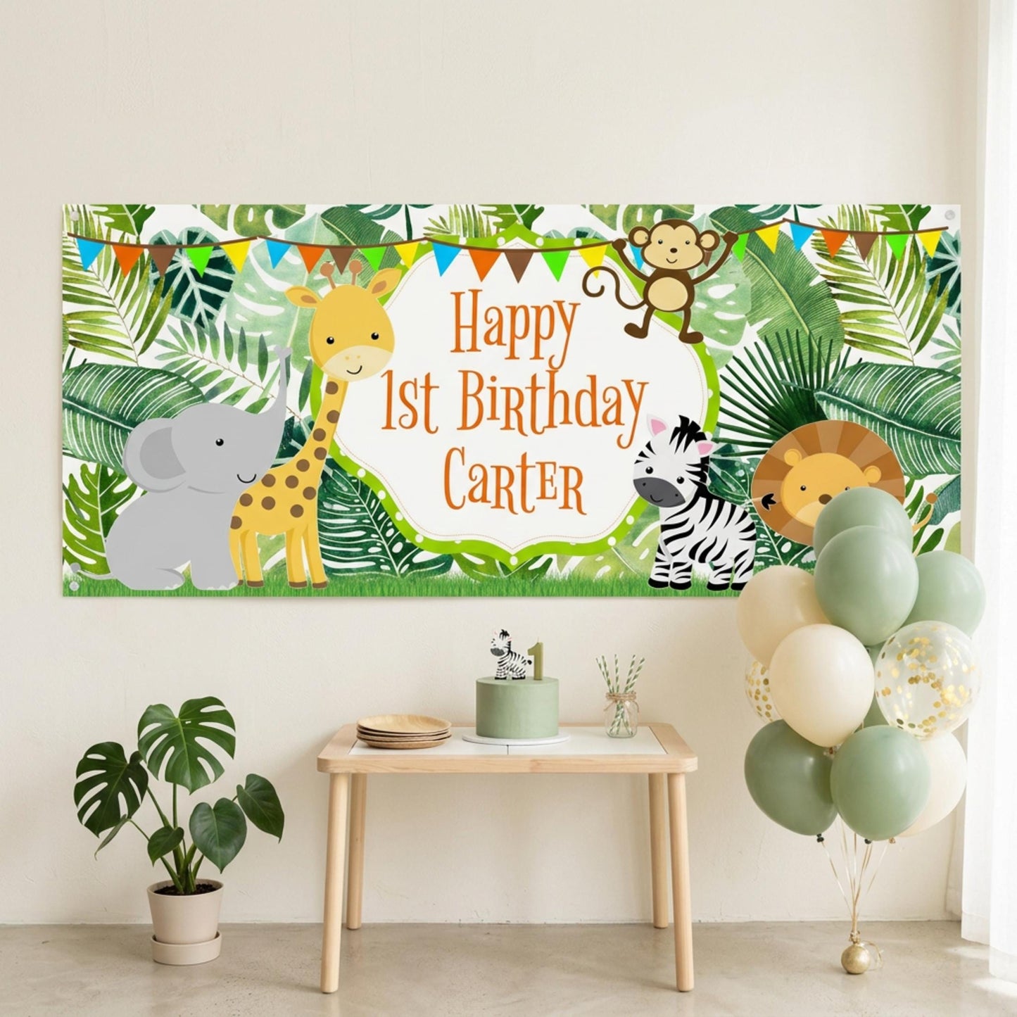 Personalised Jungle Safari Birthday Banner, Custom Wild One Party Backdrop. 1st Birthday Sign