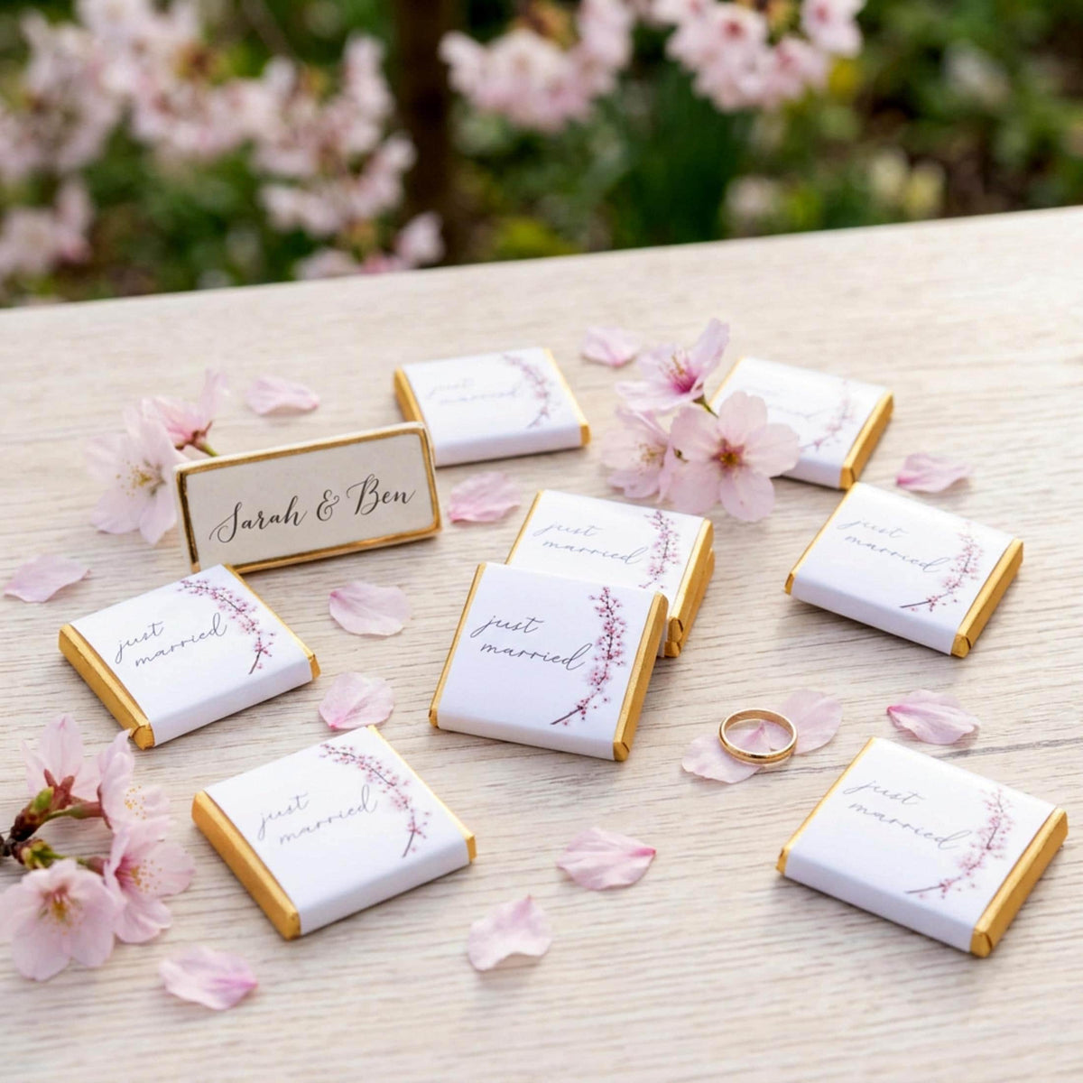 Personalised Cherry Blossom Wedding Favours - Just Married Chocolate Treats - Spring Wedding Table Decor
