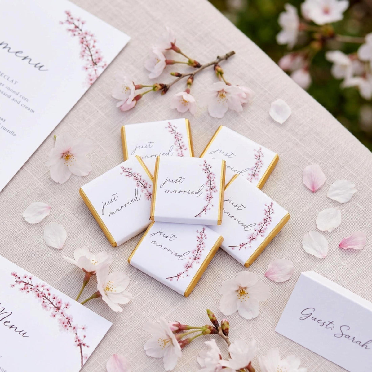 Personalised Cherry Blossom Wedding Favours - Just Married Chocolate Treats - Spring Wedding Table Decor