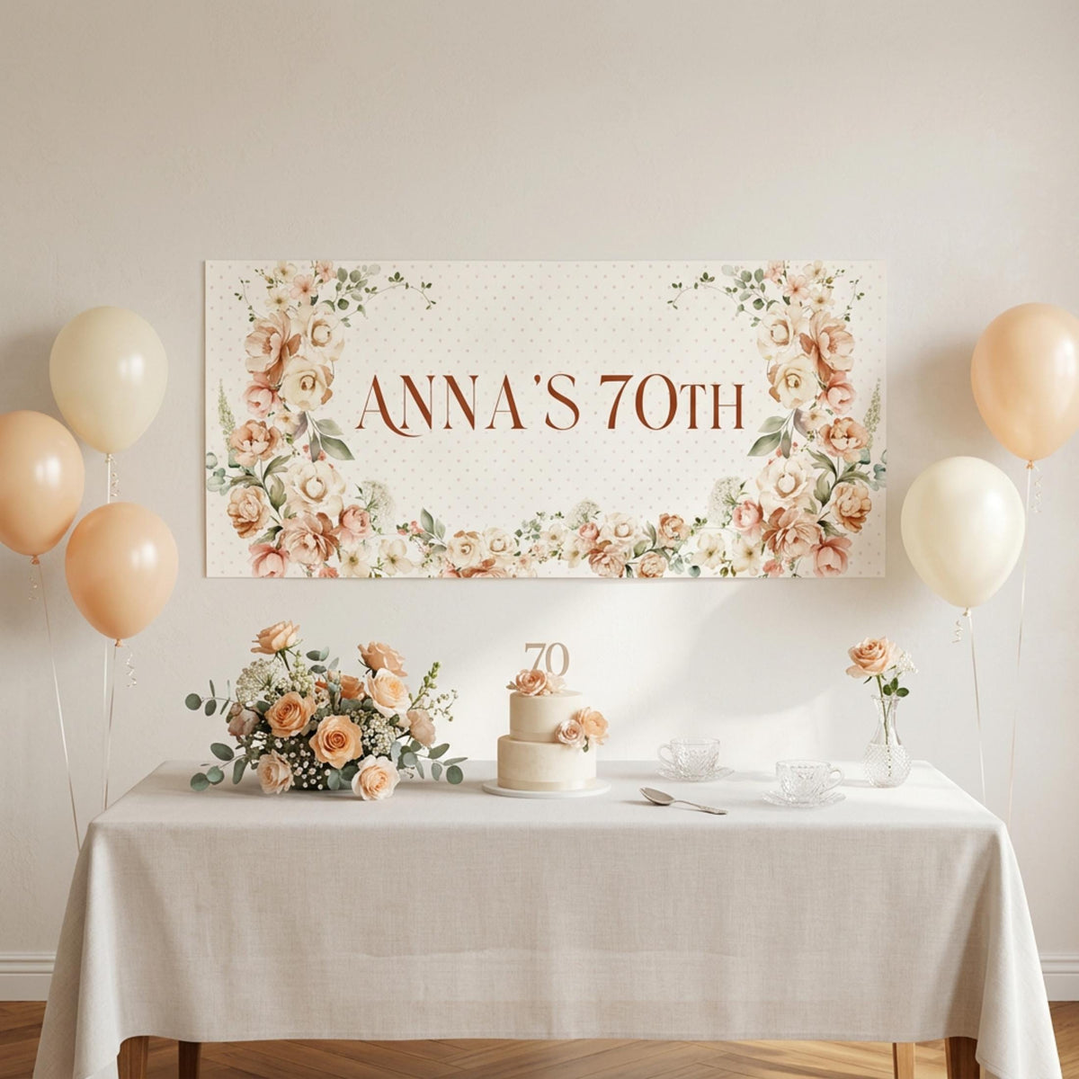 Personalised 70th Birthday Banner, Soft Floral Party Backdrop for Any Age