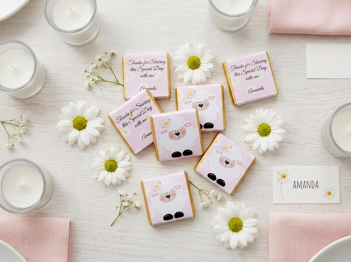 Personalised Girls Christening Chocolate Favours – Baby Sheep Party Guest Gifts