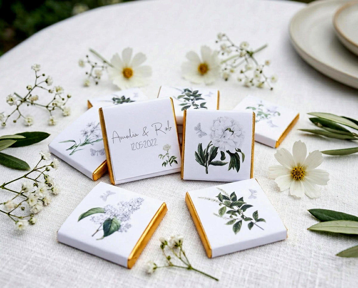 Personalised White Floral Wedding Chocolates – Botanical Party Favours, Guest Gifts