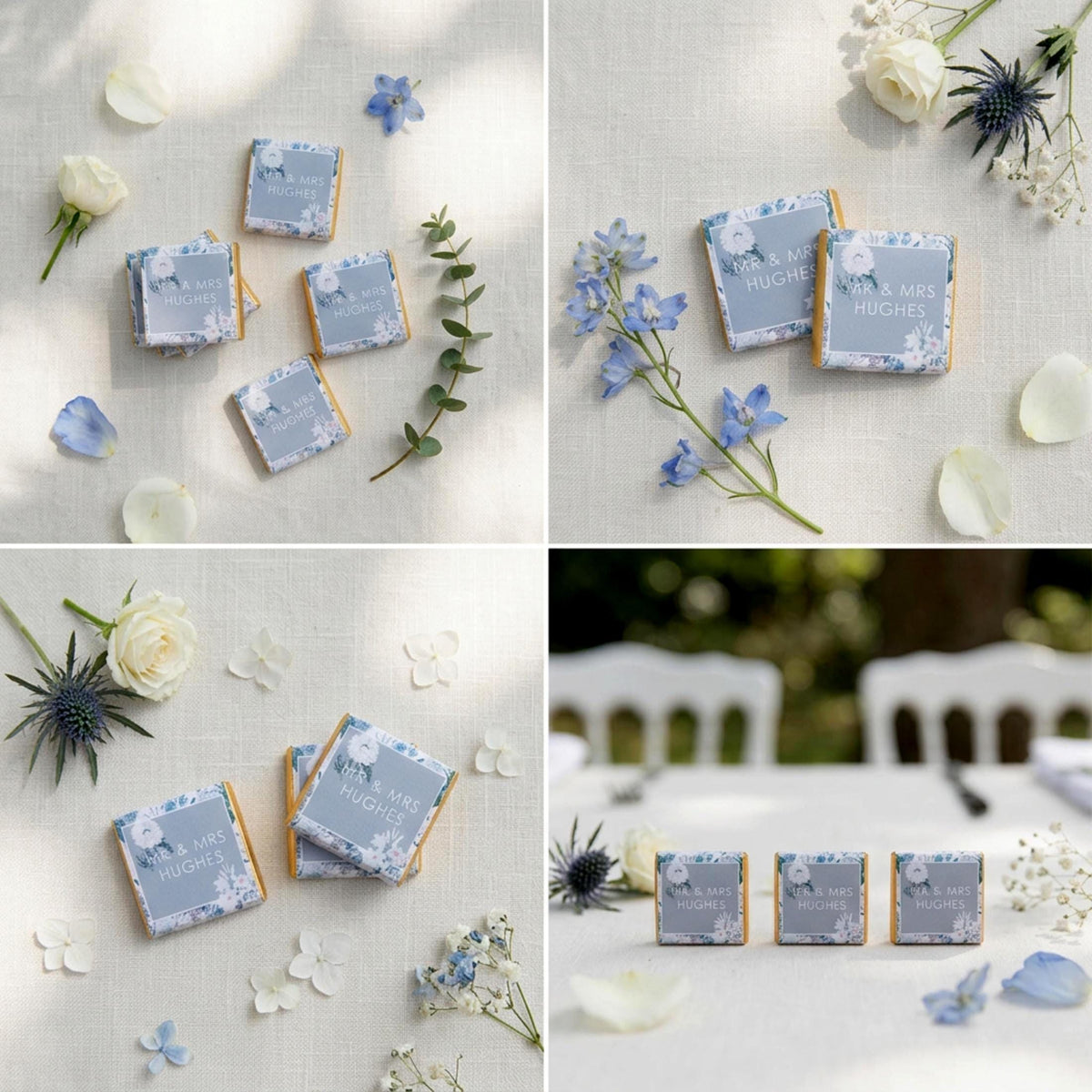 Personalised Blue Floral Wedding Chocolates – Custom Guest Favours
