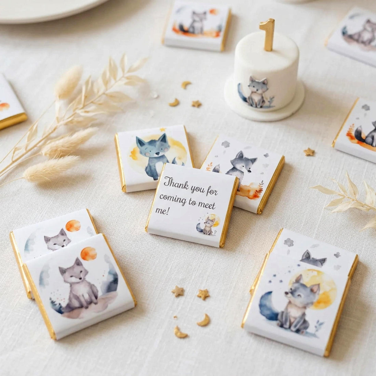 Personalised Welcome Baby Wolf Favours, Boy 1st Birthday Treats
