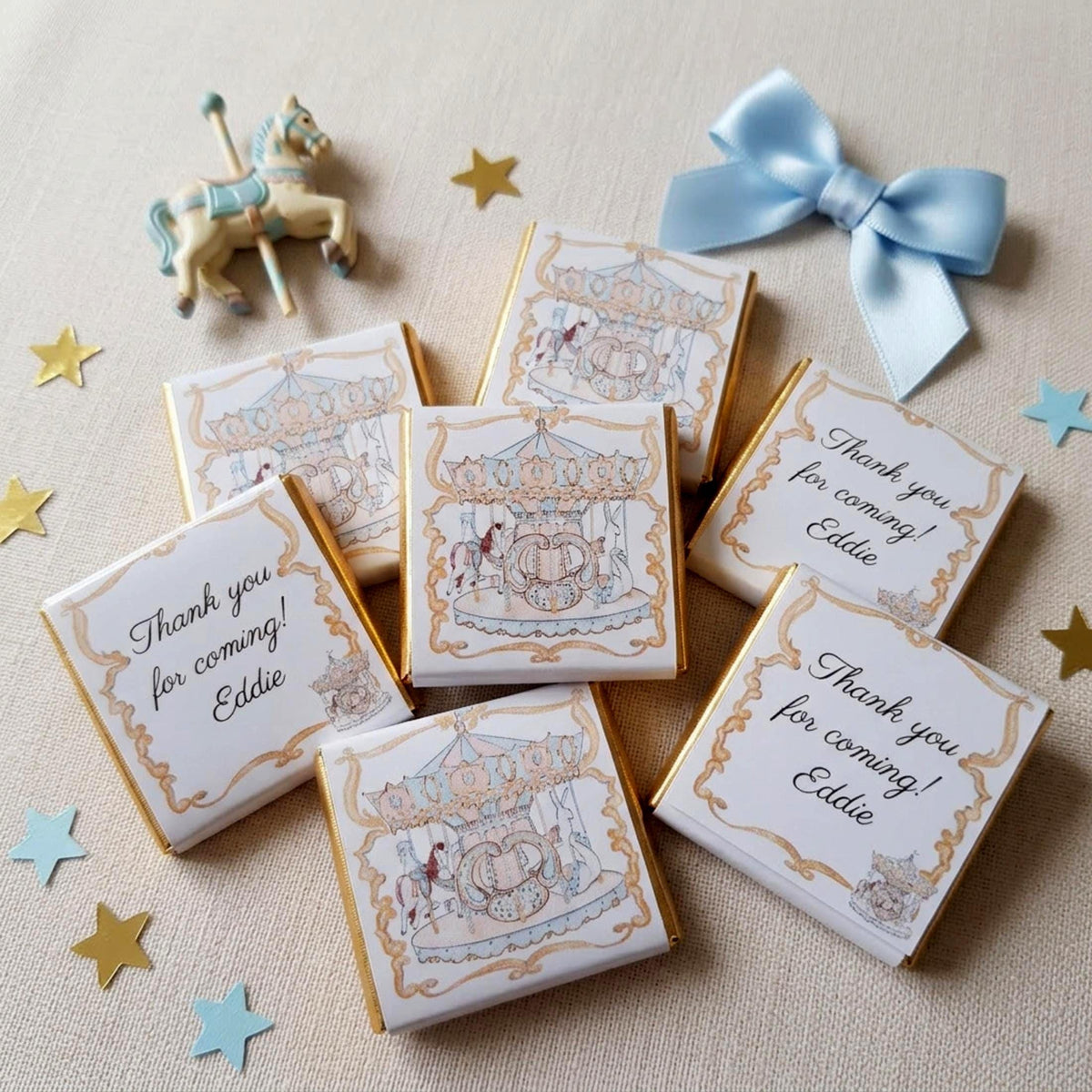 Personalised Blue French Carousel Chocolate Favours – Boys Birthday Party Bag Fillers