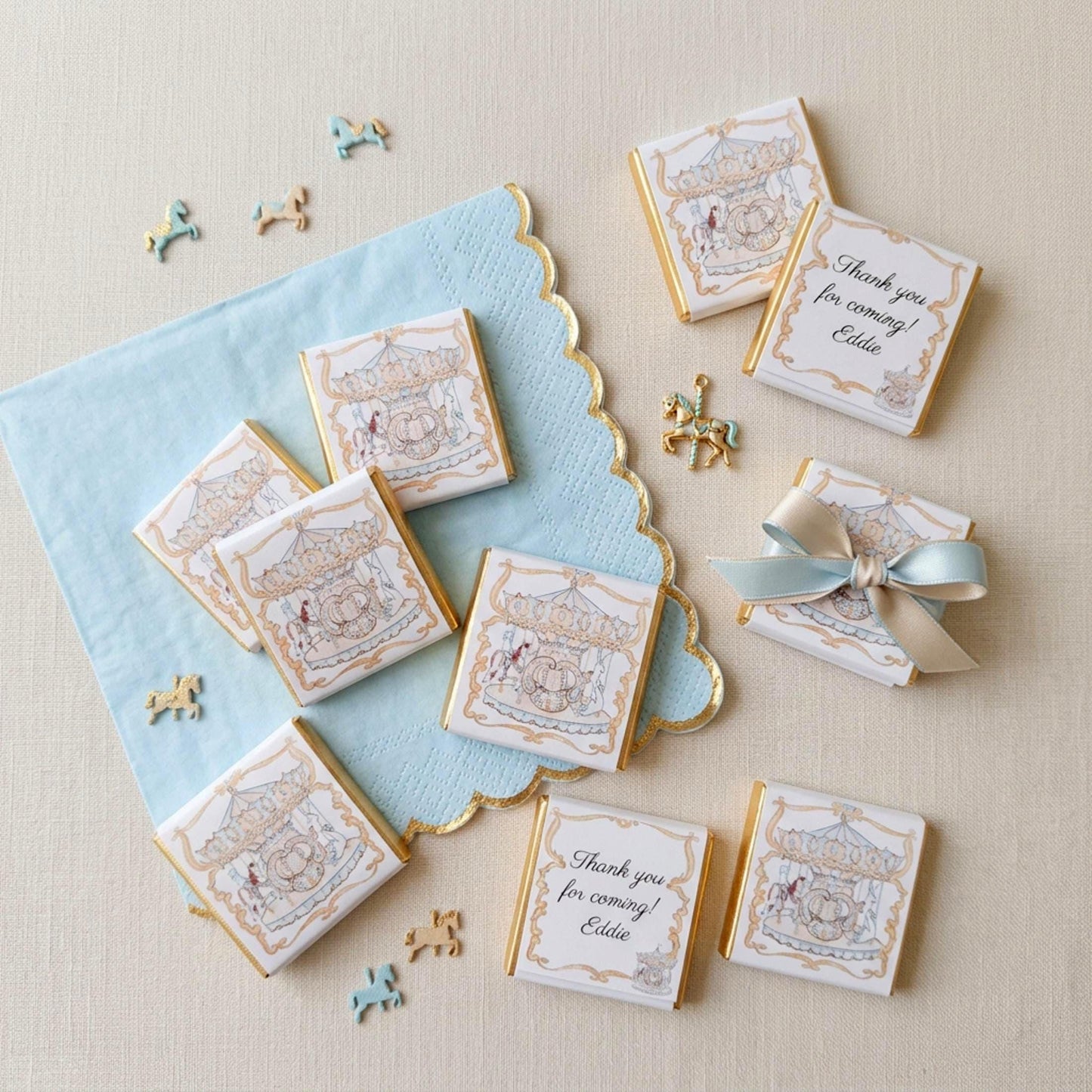 Personalised Blue French Carousel Chocolate Favours – Boys Birthday Party Bag Fillers