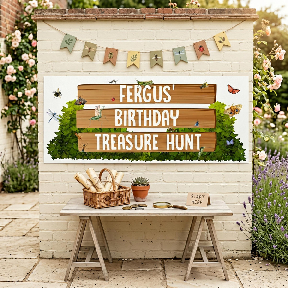 Personalised Garden Treasure Hunt Birthday Banner, Custom Nature Explorer Party Backdrop