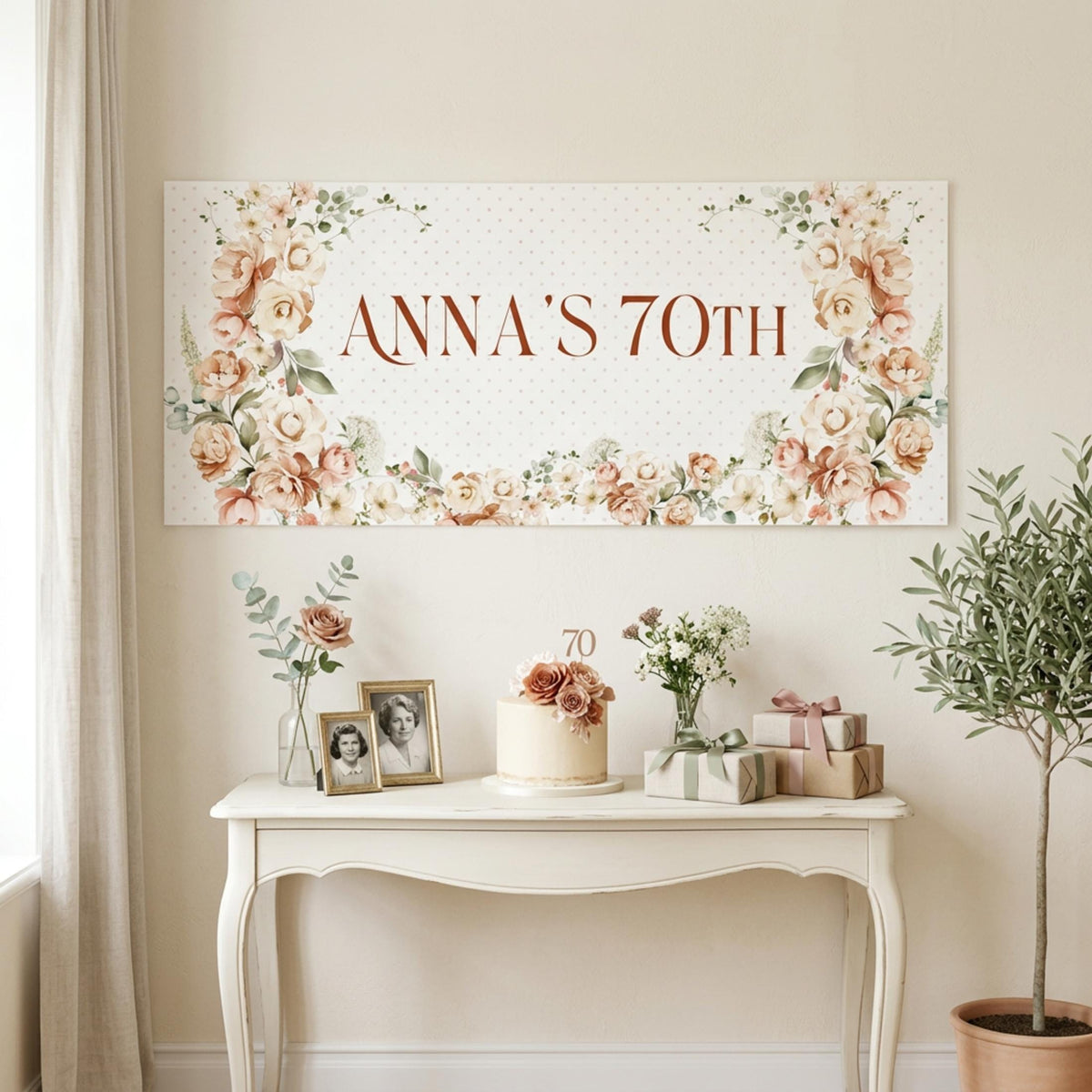 Personalised 70th Birthday Banner, Soft Floral Party Backdrop for Any Age