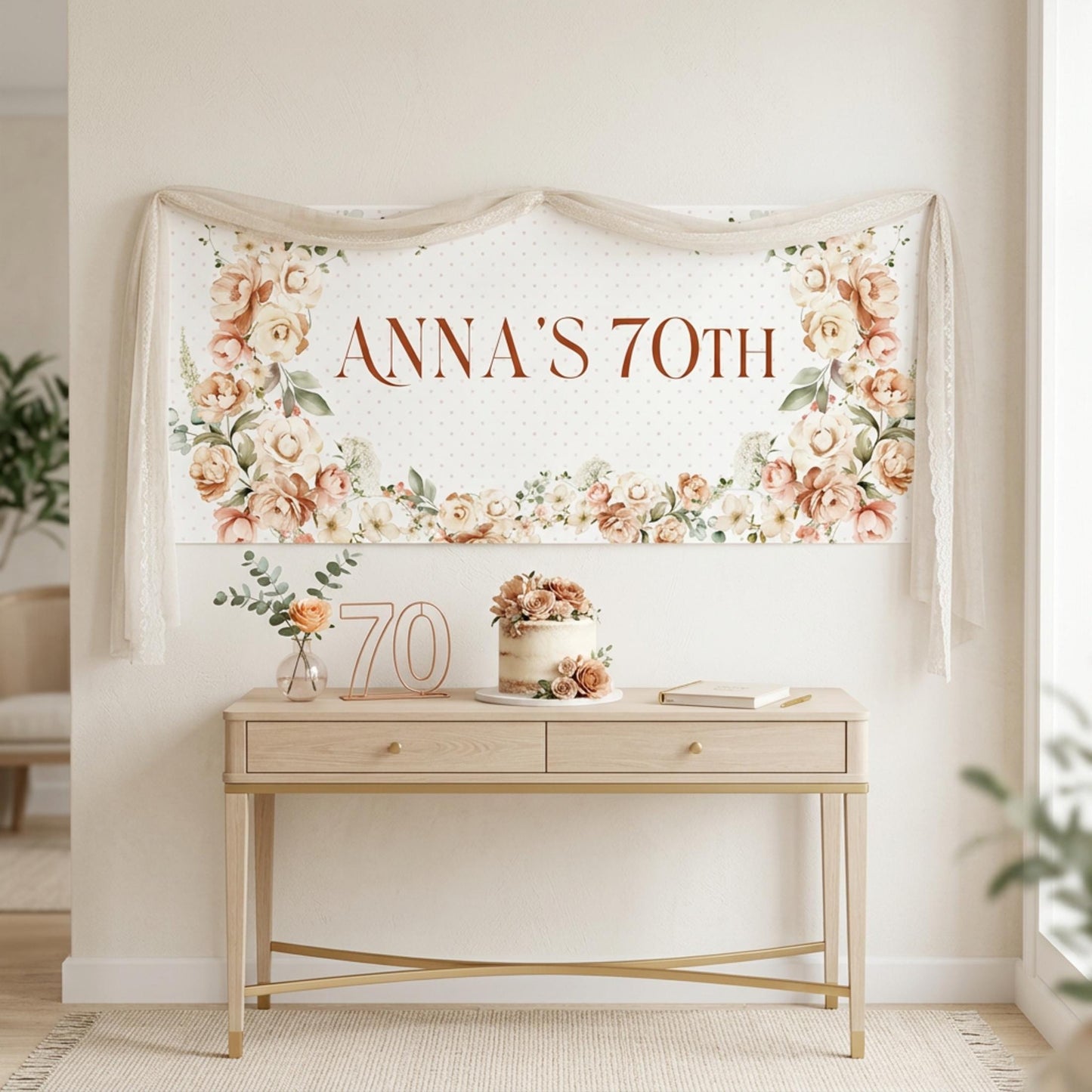 Personalised 70th Birthday Banner, Soft Floral Party Backdrop for Any Age