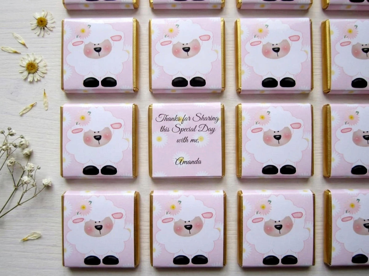 Personalised Girls Christening Chocolate Favours – Baby Sheep Party Guest Gifts