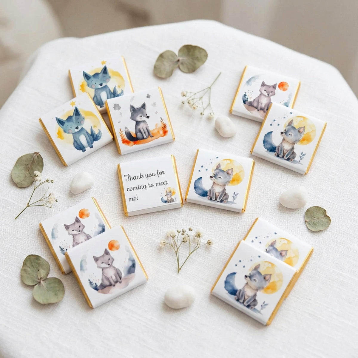 Personalised Welcome Baby Wolf Favours, Boy 1st Birthday Treats