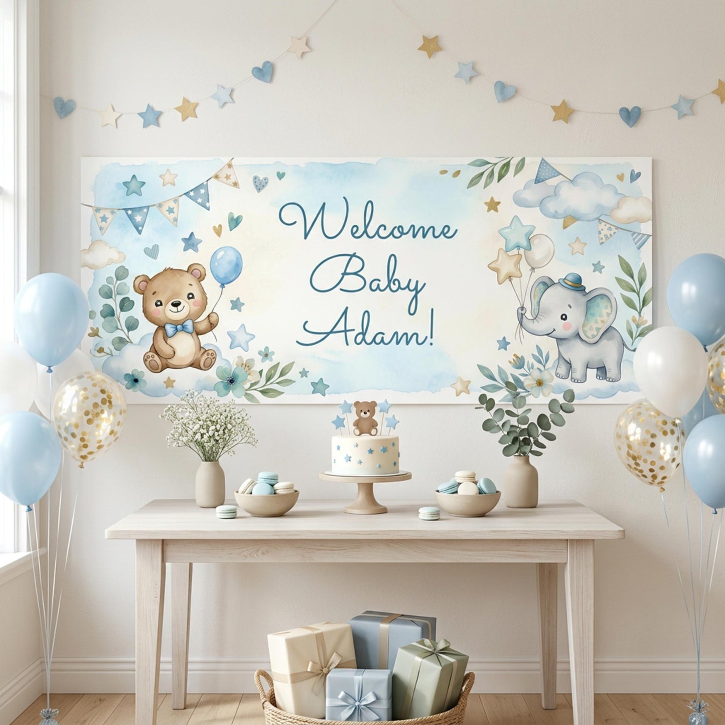Personalised Baby Shower Banner, Custom 1st Birthday Party Backdrop, Welcome Baby Boy Sign