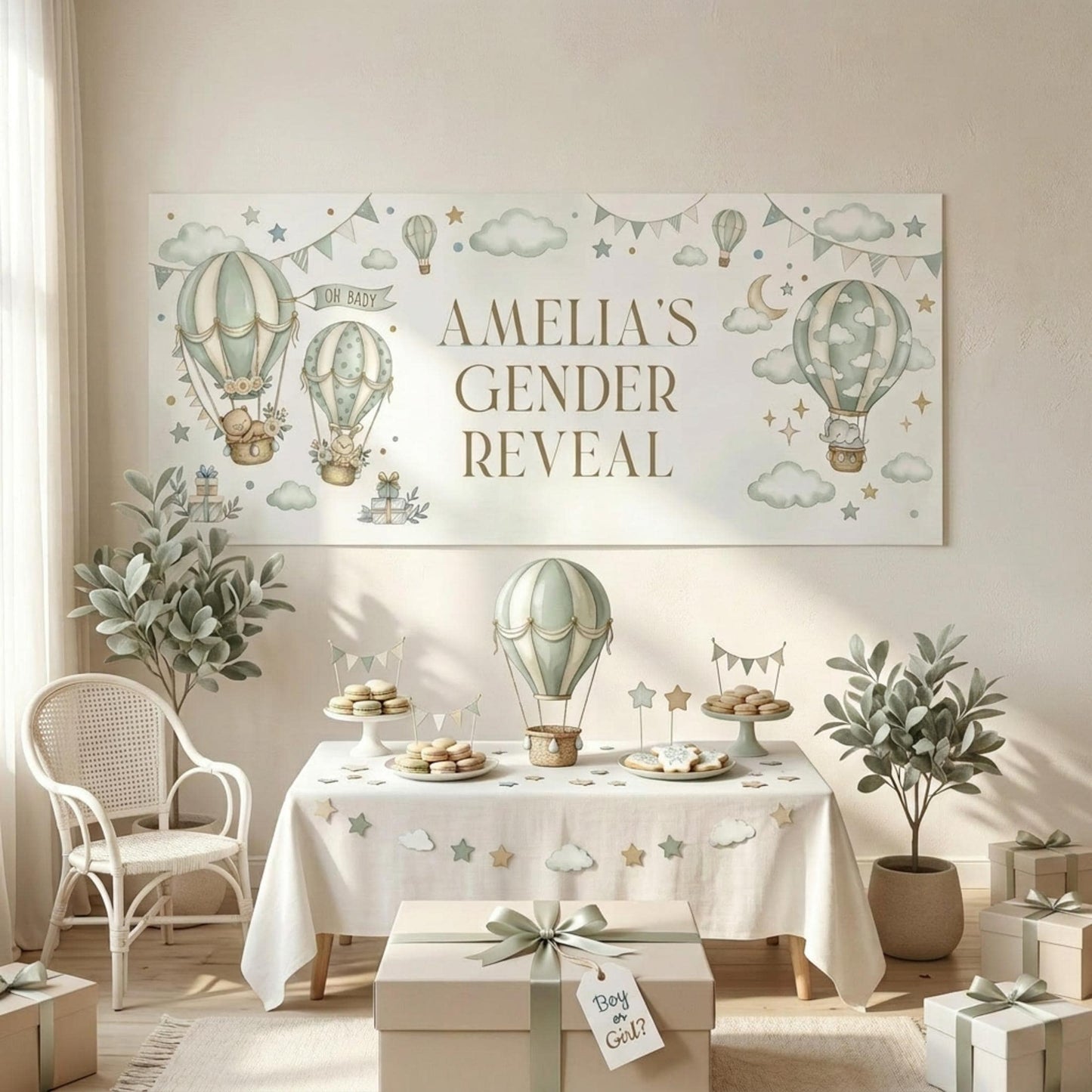 Personalised Gender Reveal Banner, Sage Green Hot Air Balloon Party Backdrop, Neutral Wall Sign