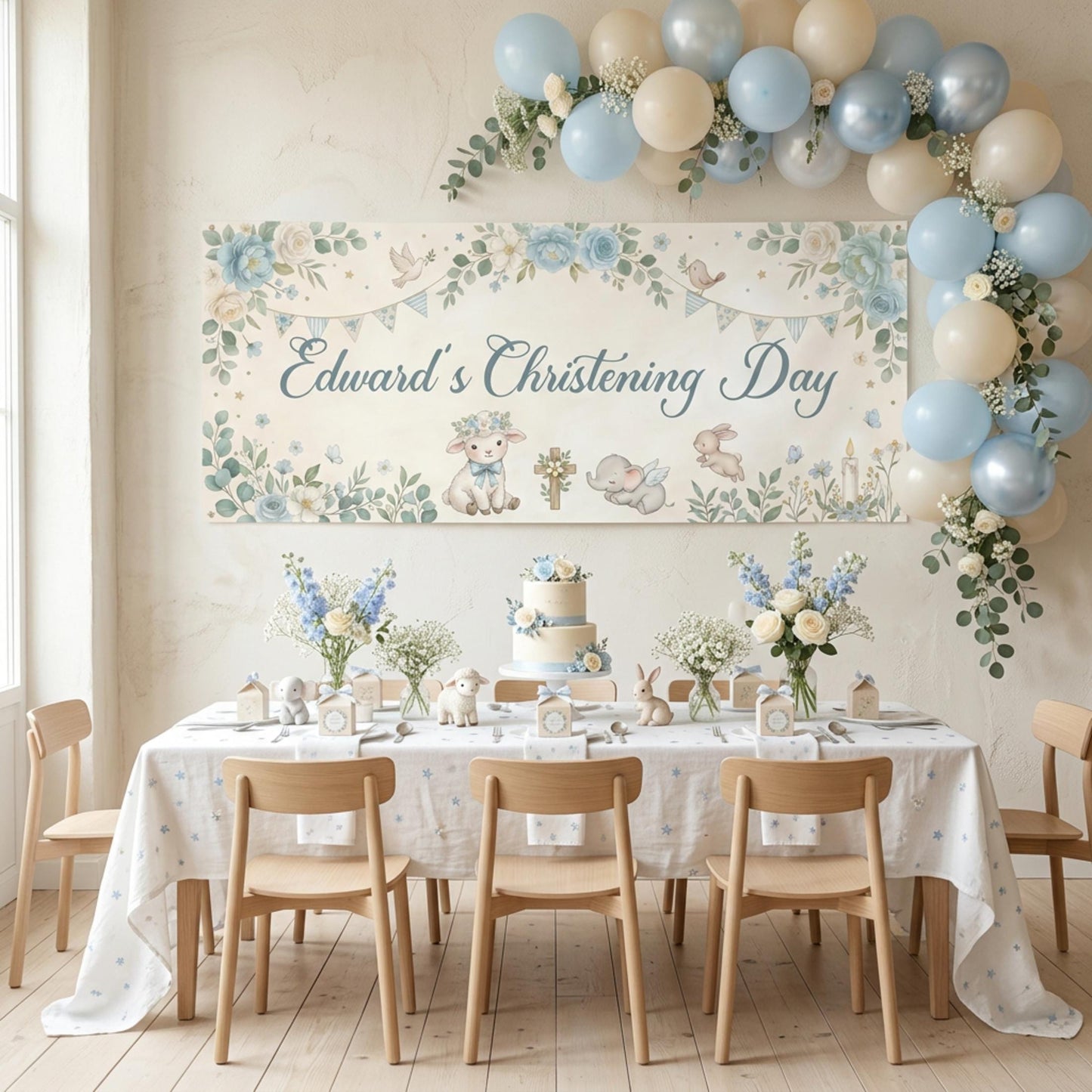 Personalised Boy Christening Banner, Blue Floral Party Backdrop