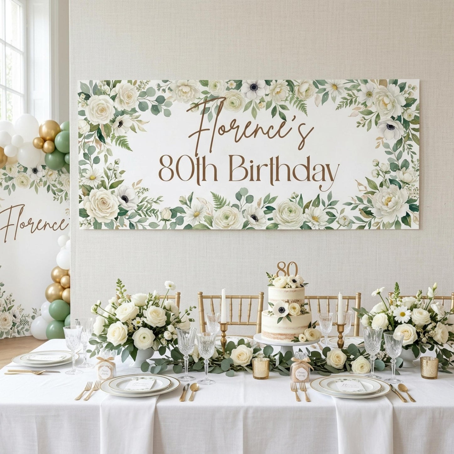Personalised Milestone Birthday Banner, White Floral Party Backdrop for Her, Anniversary Wall Sign