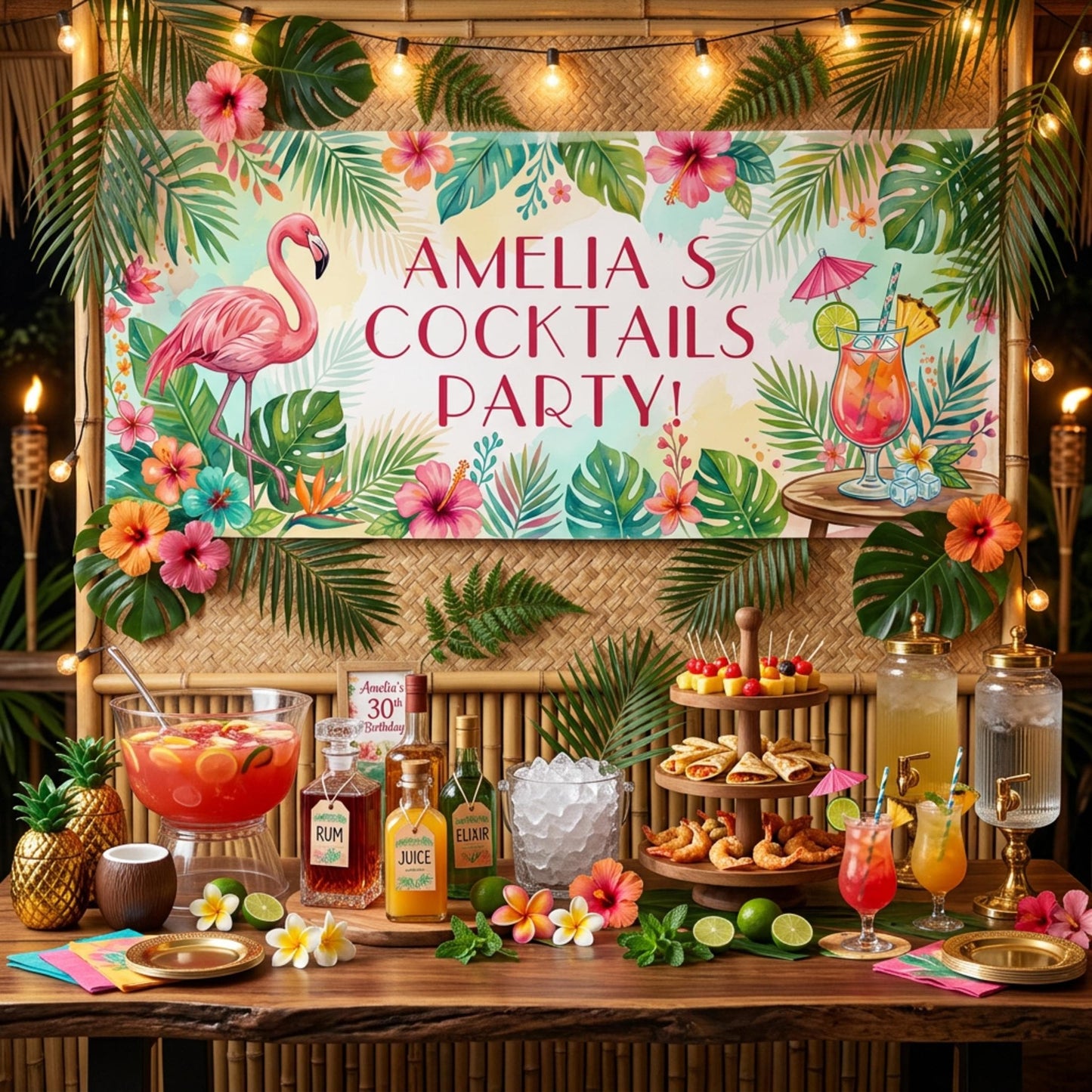 Personalised Tropical Birthday Banner, Cocktail Party Backdrop, Summer Milestone Wall Sign