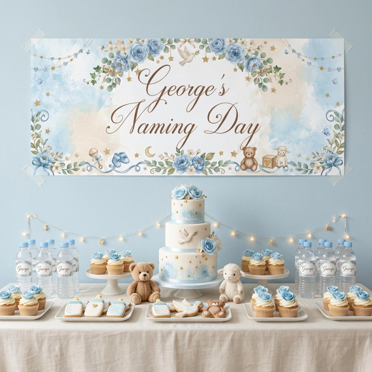 Personalised Naming Day Banner, Blue Floral Party Backdrop, Boys Christening Wall Sign