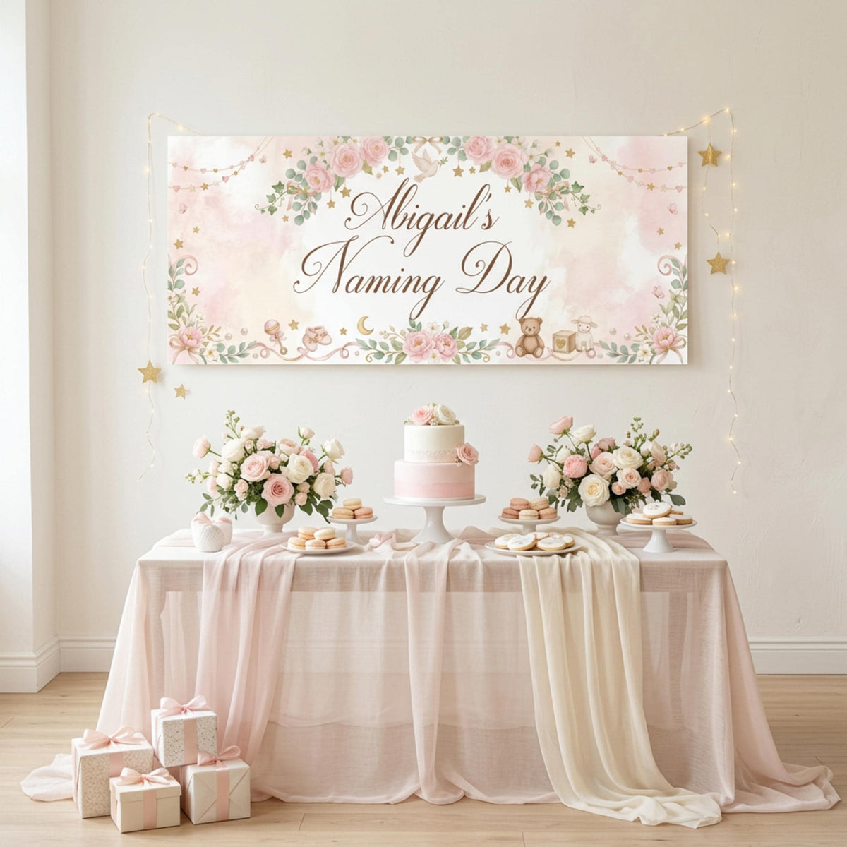 Personalised Girl Naming Day Banner, Blue Floral Party Backdrop, Christening Wall Sign