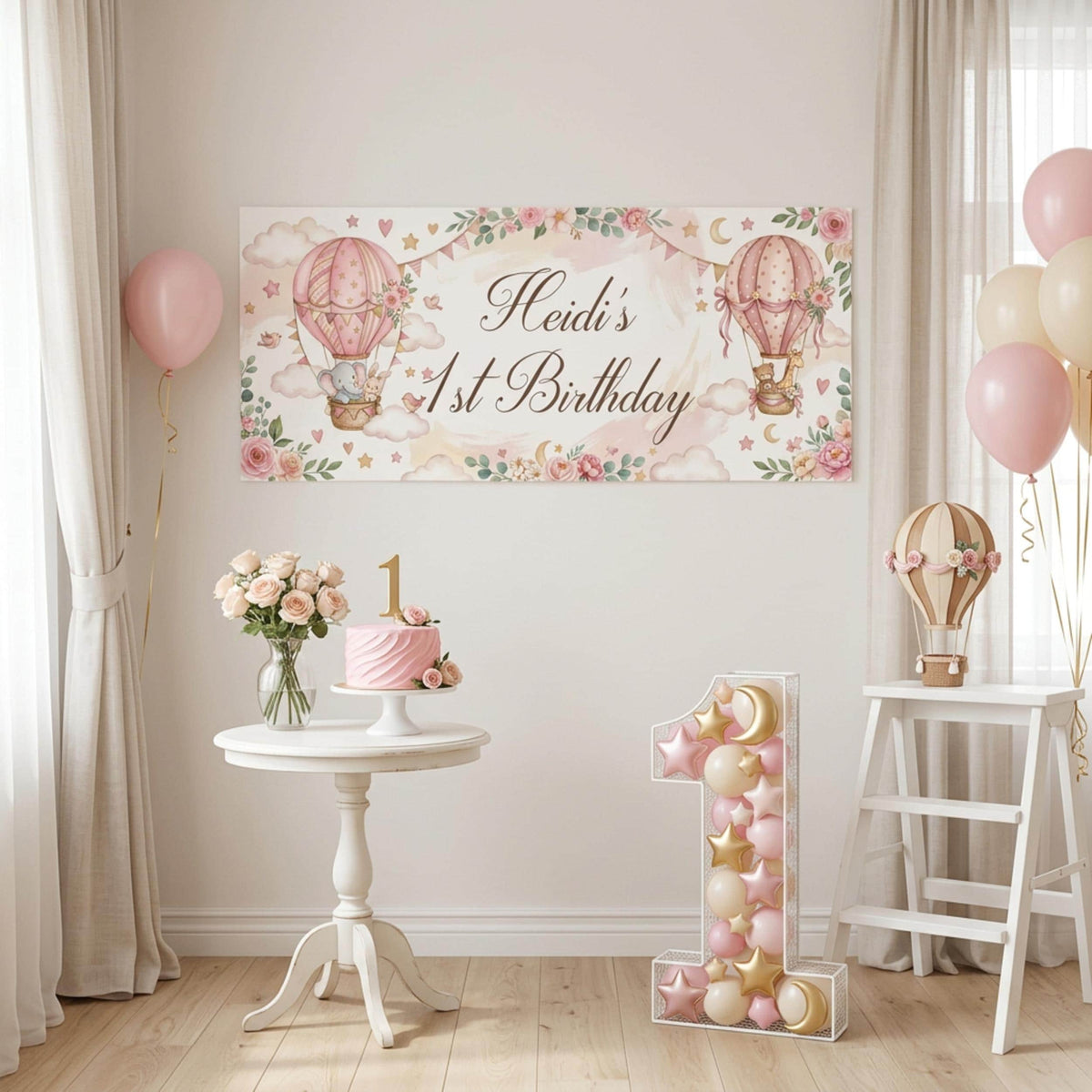 Personalised 1st Birthday Banner, Pink Hot Air Balloons, Girls Party Wall Sign