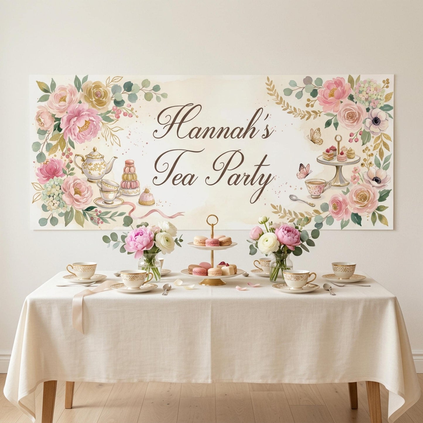 Personalised Tea Party Banner, Bridal Shower Backdrop, Floral Afternoon Tea Poster