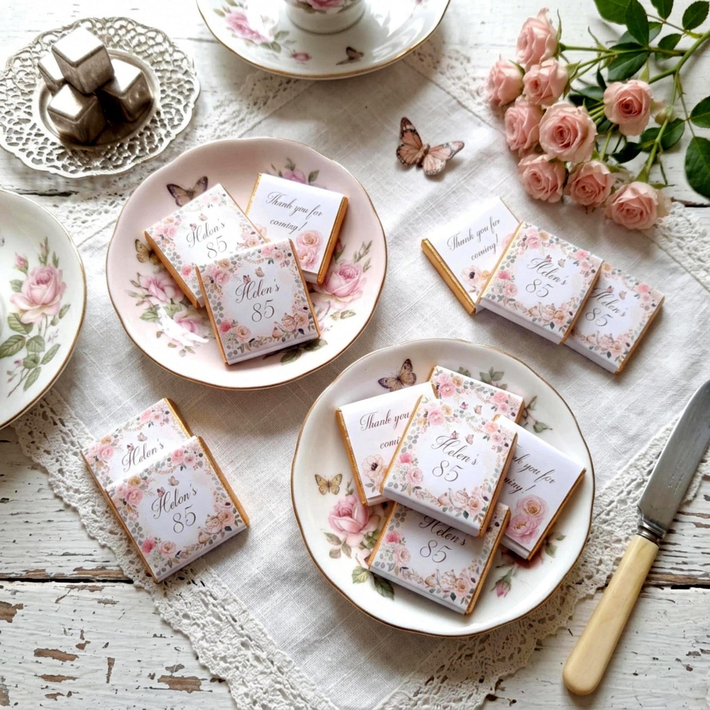 Personalised Vintage Tea Party Chocolate Favours - 80th Birthday Table Decor