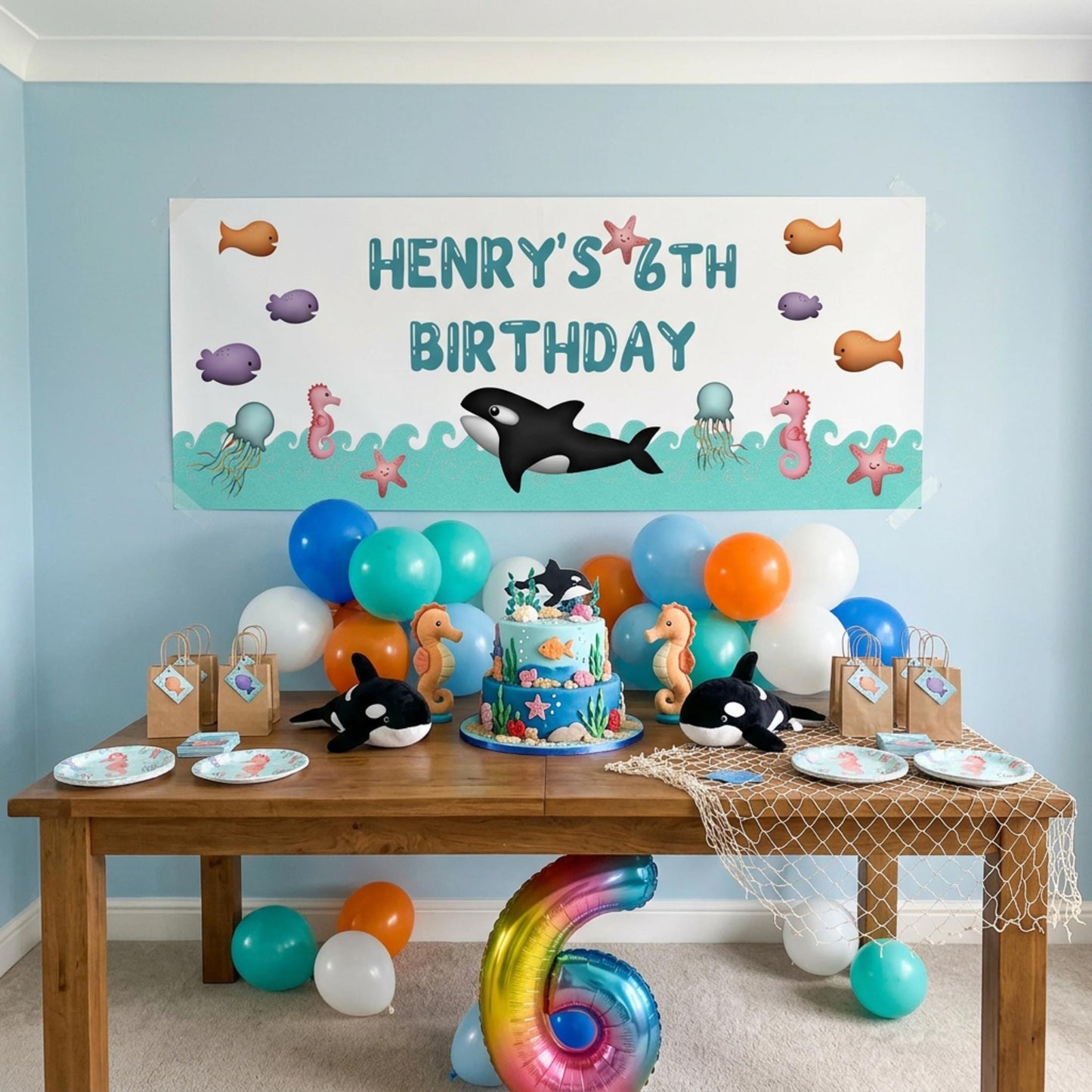 Personalised Under the Sea Birthday Banner, Orca Whale Party Backdrop, Ocean Sea Life Poster