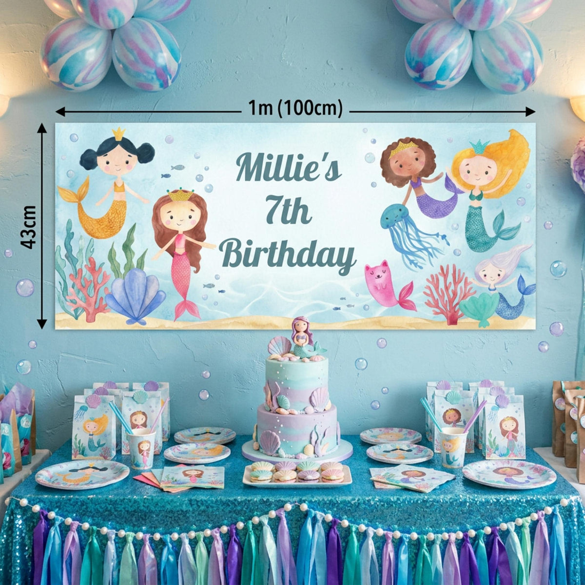 Personalised Mermaid Birthday Banner, Under the Sea Backdrop, Girls magical Ocean Poster