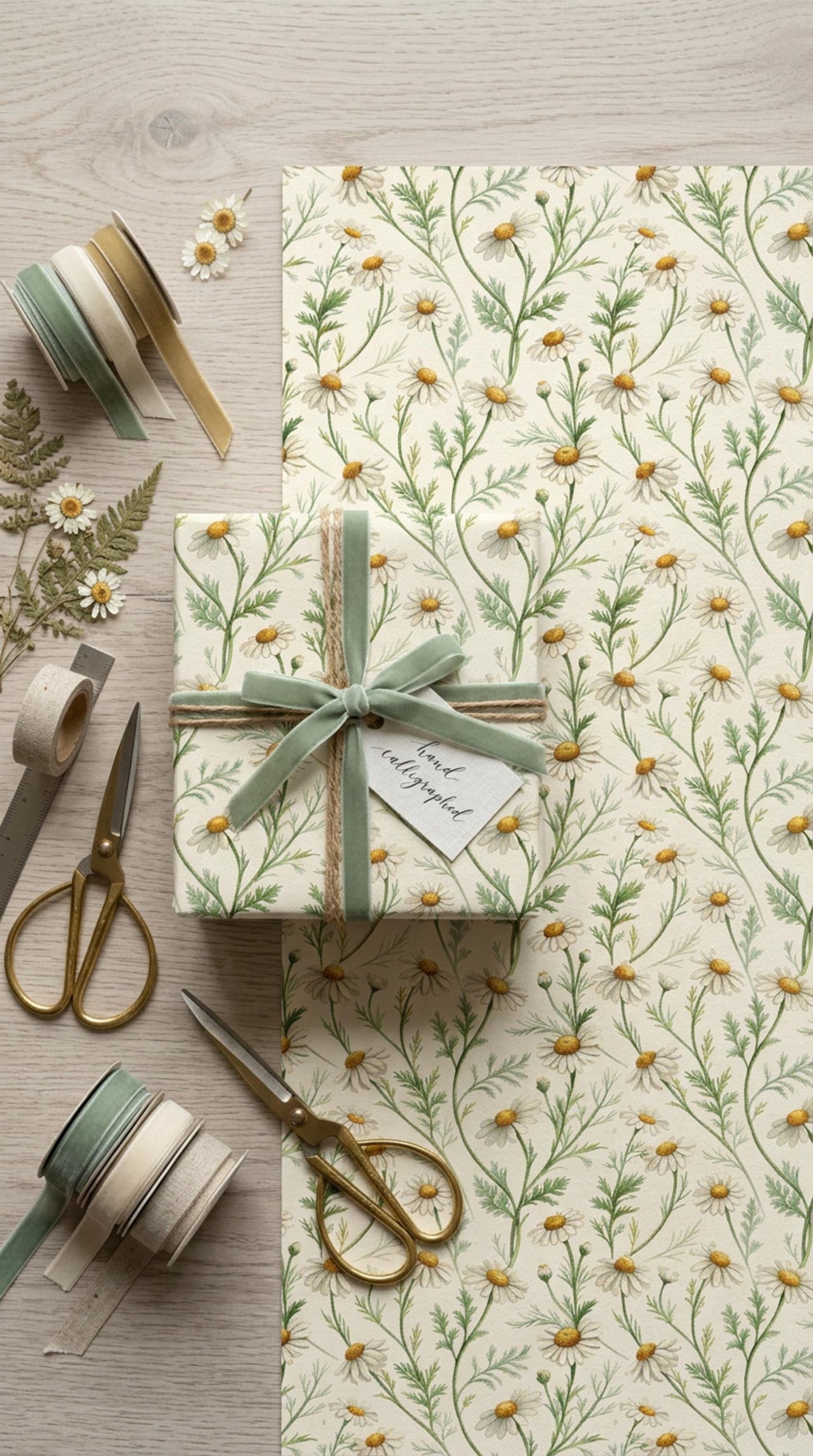 Vintage Daisy Wrapping Paper, Botanical Chamomile Gift Wrap Sheet, Large Size