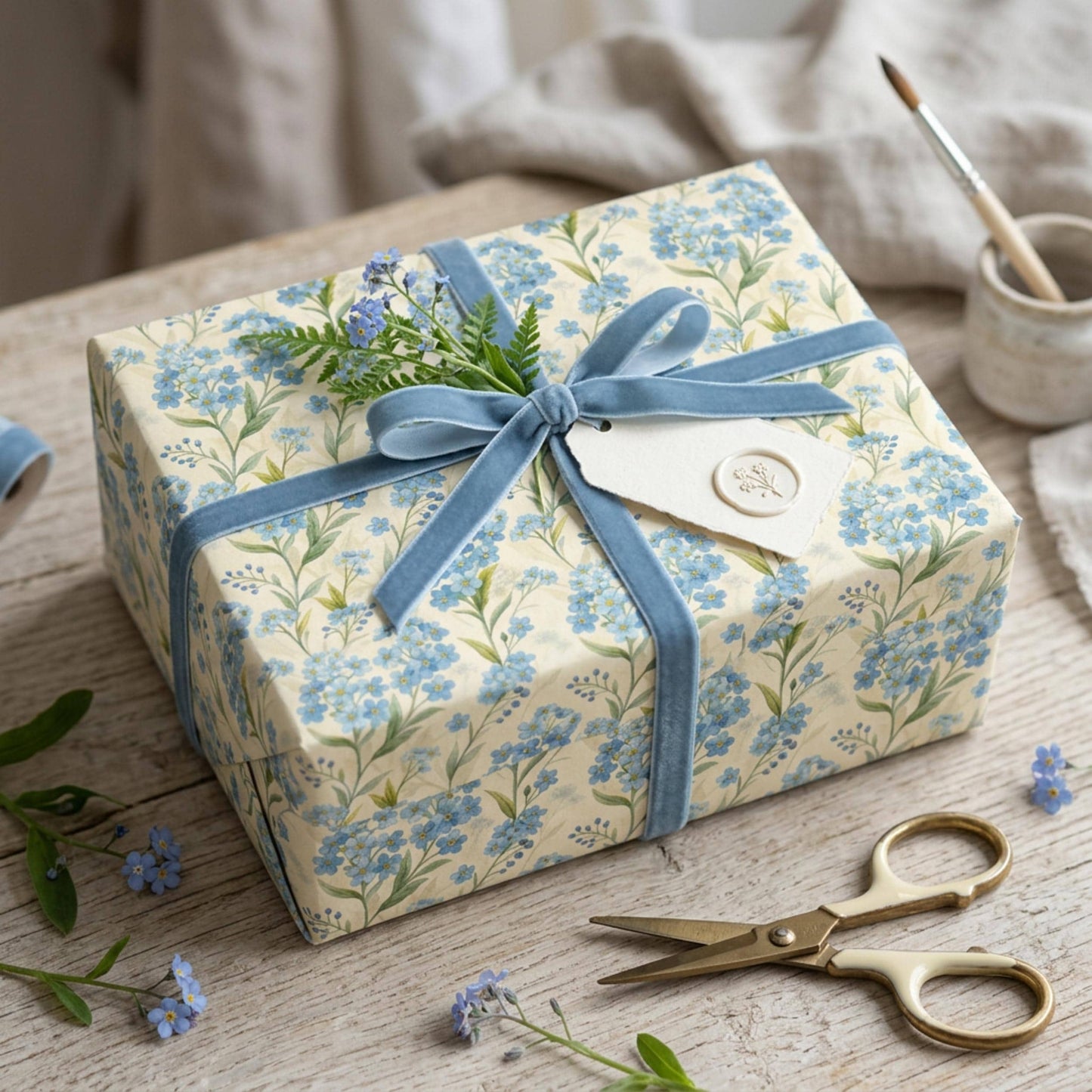 Forget Me Not Gift Wrap, Vintage Blue Floral Wrapping Paper, Large Size