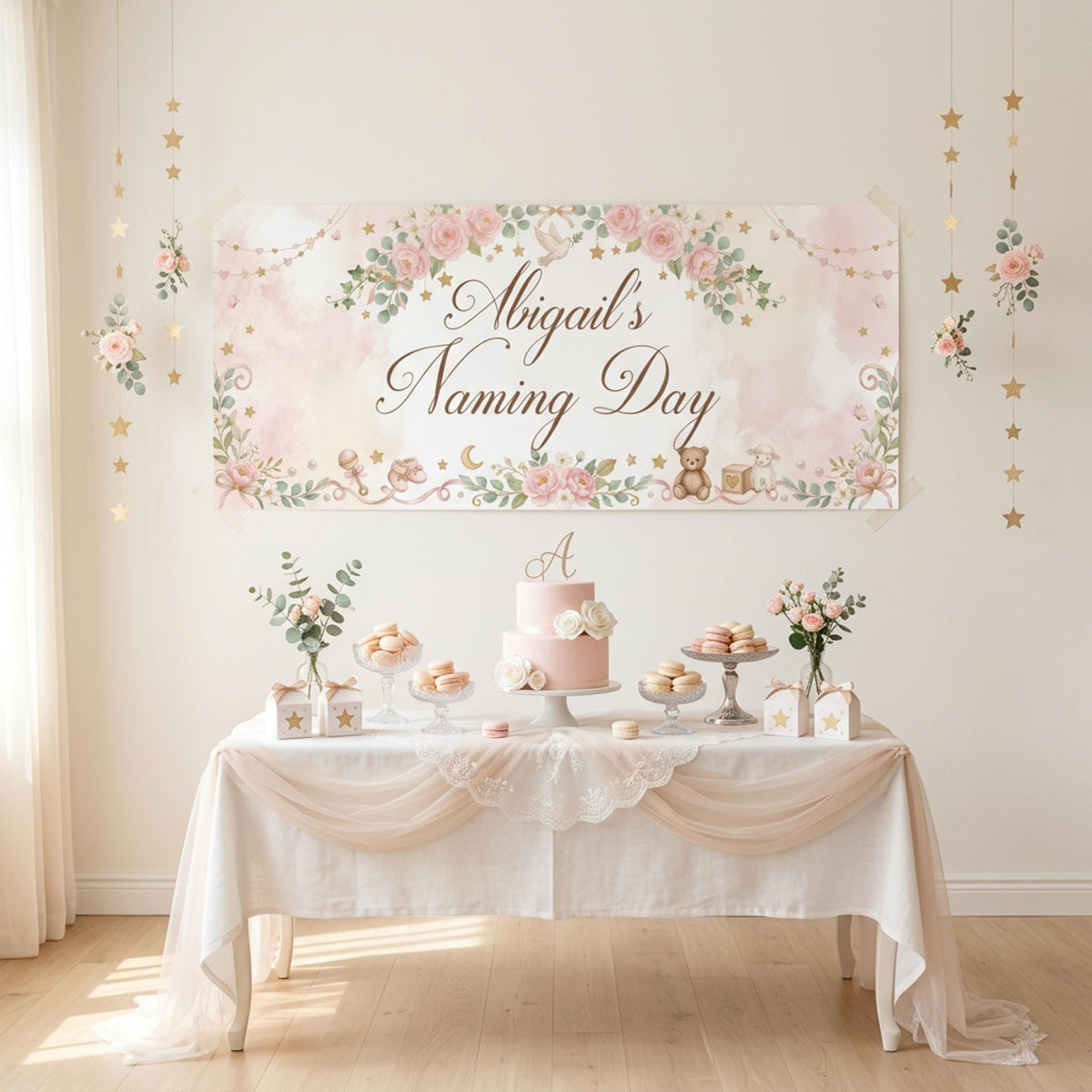 Personalised Girl Naming Day Banner, Blue Floral Party Backdrop, Christening Wall Sign
